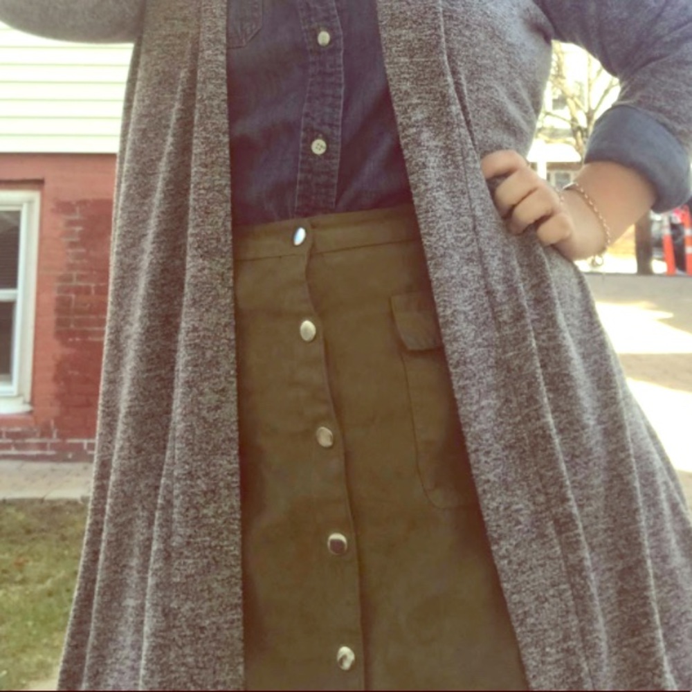 Olive Button Front Faux Suede Skirt